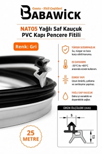 Saf Kauçuk Nat-05 Kapı Pencere Fitili 25 Metre Gri Tamirat Contası Kaliteli ve Uzun Ömürlü